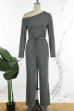 Casual Solid Basic Oblique Collar Regular Jumpsuits