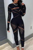 Sexy Solid Hollowed Out Patchwork O Neck Skinny Jumpsuits