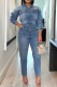 Casual Solid Patchwork Turndown Collar Long Sleeve Skinny Denim Jumpsuits