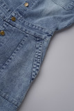 Casual Solid Patchwork Turndown Collar Long Sleeve Skinny Denim Jumpsuits