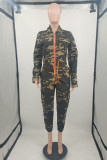 Casual Camouflage Print Patchwork Zipper Turndown Collar Plus Size Jumpsuits