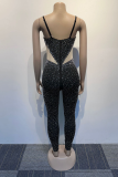 Sexy Party Elegant Patchwork Mesh Hot Drill Spaghetti Strap Skinny Jumpsuits