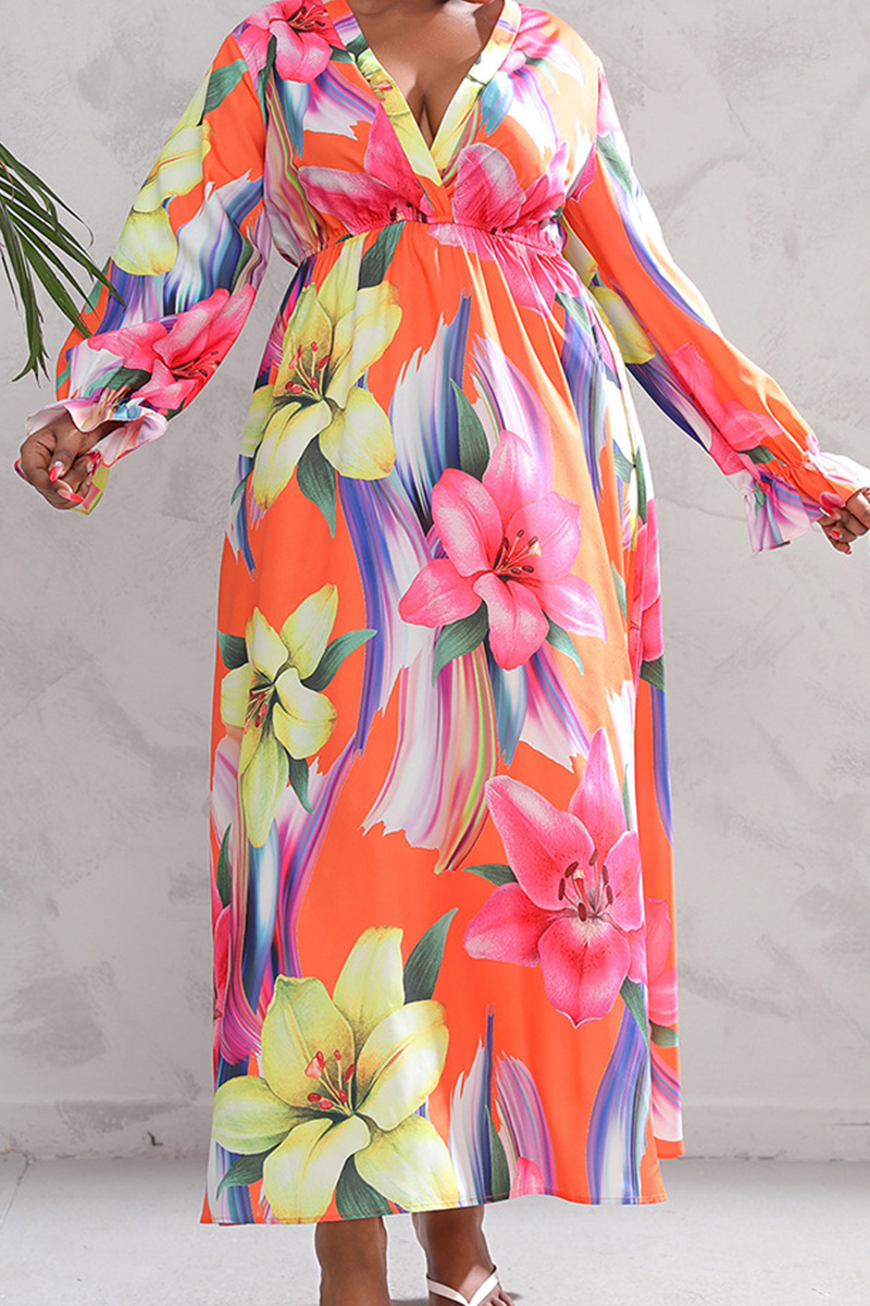 Plus Size Floral Patchwork V-Neck Maxi Dress