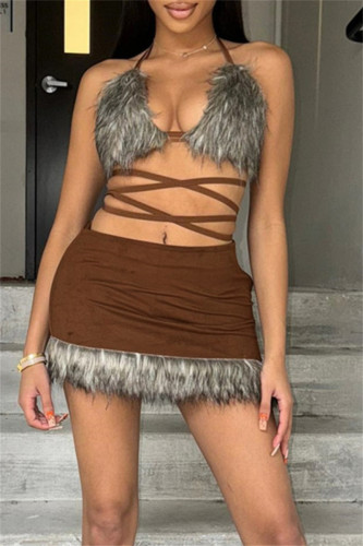 Sexy Patchwork Bandage Backless Halter Sleeveless Two Pieces