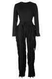 Street Solid Tassel Patchwork Draw String O Neck Long Sleeve Two Pieces