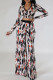 Elegant Print Patchwork Buckle V Neck Long Sleeve Two Pieces