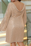 Casual Solid Sequins Patchwork Backless O Neck Long Sleeve Plus Size Dresses