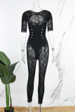 Sexy Solid Hollowed Out Patchwork See-through O Neck Skinny Jumpsuits
