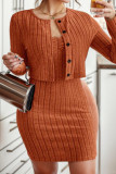 Elegant Solid Buckle O Neck Long Sleeve Two Pieces