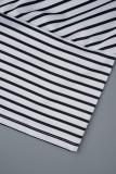 Casual Striped Print Patchwork Oblique Collar Three Quarter Two Pieces