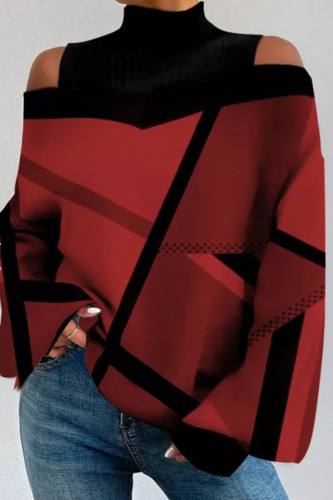 Casual Geometric Patchwork Backless Contrast Turtleneck Tops
