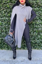 Casual Solid Slit Asymmetrical Turtleneck Tops