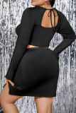 Street Solid Patchwork Slit Boat Neck Pencil Skirt Plus Size Two Pieces