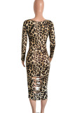 Sexy Leopard Ripped Patchwork U Neck Printed Dress Dresses