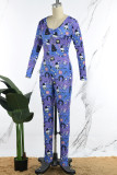 Casual Living Print Buttons V Neck Skinny Jumpsuits