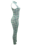 Sweet Plaid Patchwork O Neck Skinny Jumpsuits