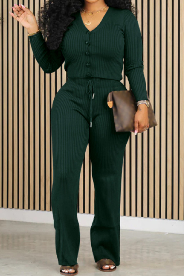 Casual Solid Basic V Neck Long Sleeve Two Pieces