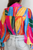 Casual Color Block Patchwork Buckle Turndown Collar Plus Size Tops
