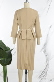 Elegant Solid Patchwork Fold With Belt Zipper V Neck Pencil Skirt Dresses（Belt Included）