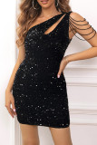 Sexy Patchwork Tassel Hollowed Out Sequins Oblique Collar Sleeveless Dress Dresses
