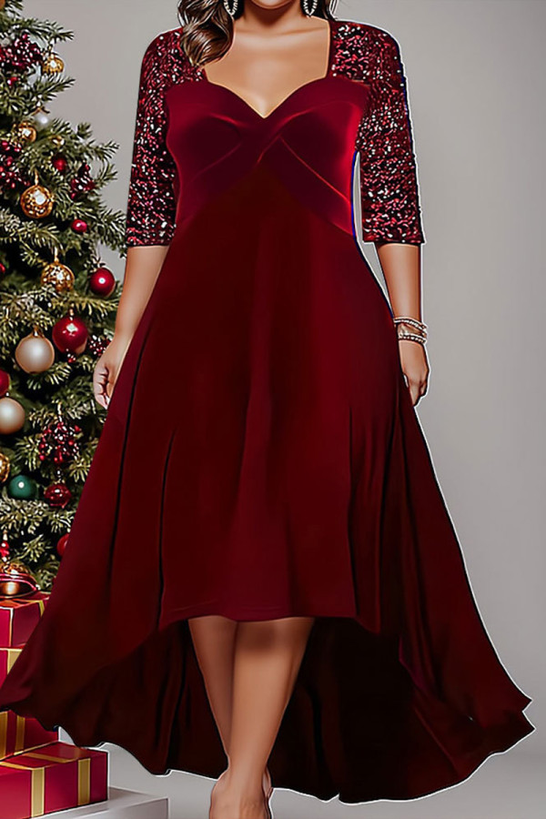 Casual Solid Sequins Patchwork V Neck Long Sleeve Plus Size Dresses