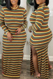 Casual Striped Slit O Neck Long Dress Dresses