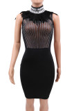 Sexy Formal Patchwork See-through Feathers Hot Drill Turtleneck Wrapped Skirt Dresses