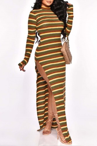 Casual Striped Slit O Neck Long Dress Dresses