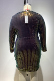 Casual Patchwork Sequins V Neck Long Sleeve Plus Size Dresses