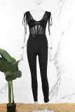 Sexy Casual Daily Patchwork See-through Solid Color Spaghetti Strap Skinny Jumpsuits