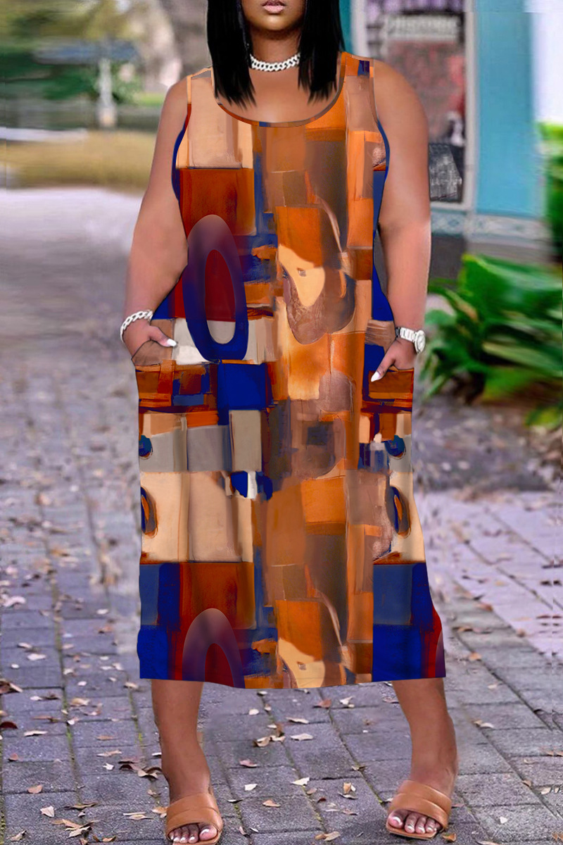 Wholesale Casual Print Basic U Neck Vest Dress Plus Size Dresses wholesale-casual-print-basic-u-neck-vest-dress-plus-size-dresses