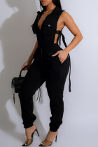 Casual Solid Patchwork Pocket Zipper Collar Skinny Jumpsuits