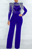 Casual Solid Tassel Patchwork See-through Hot Drill Zipper O Neck Regular Jumpsuits