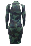 Street Camouflage Print Hollowed Out Patchwork Turtleneck Wrapped Skirt Dresses