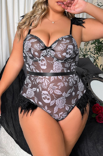 Sexy Living Print Patchwork See-through Backless Spaghetti Strap Plus Size Sleepwear