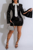 Casual Sweet Daily Party Elegant Sequins Patchwork Slit Contrast Dresses