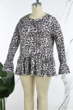 Casual Print Leopard Patchwork O Neck Plus Size Tops