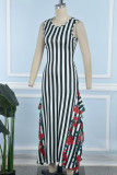 Casual Sweet Daily Simplicity Mixed Printing Striped Printing Contrast O Neck Dresses