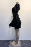 Casual Sweet Daily Party Elegant Sequins Patchwork Slit Contrast Dresses