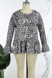 Casual Print Leopard Patchwork O Neck Plus Size Tops