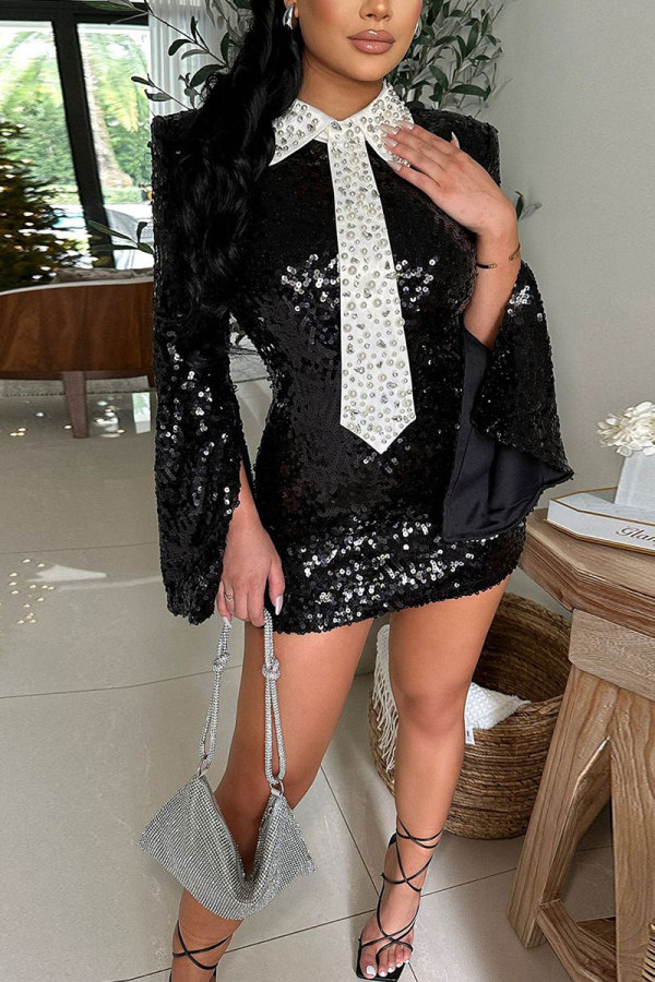 Casual Sweet Daily Party Elegant Sequins Patchwork Slit Contrast Dresses