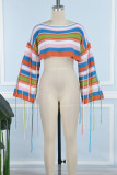 Sexy Color Block Tassel Patchwork O Neck Tops