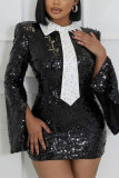 Casual Sweet Daily Party Elegant Sequins Patchwork Slit Contrast Dresses