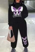 Casual Print Butterfly Patchwork O Neck Long Sleeve Two Pieces