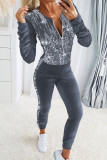 Casual Solid Sequins Patchwork Zipper O Neck Long Sleeve Two Pieces