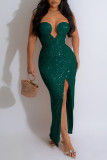 Sexy Solid Sequins Patchwork Backless Slit Strapless Long Dress (Subject To The Actual Object )