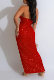 Sexy Solid Sequins Patchwork Backless Slit Strapless Long Dress (Subject To The Actual Object )