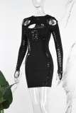 Sexy Casual Solid Hollowed Out O Neck Long Sleeve Dresses