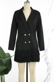 Casual Solid Tassel Buckle Turn-back Collar Outerwear
