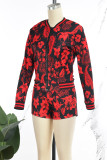 Casual Print Patchwork Zipper O Neck Long Sleeve Two Pieces